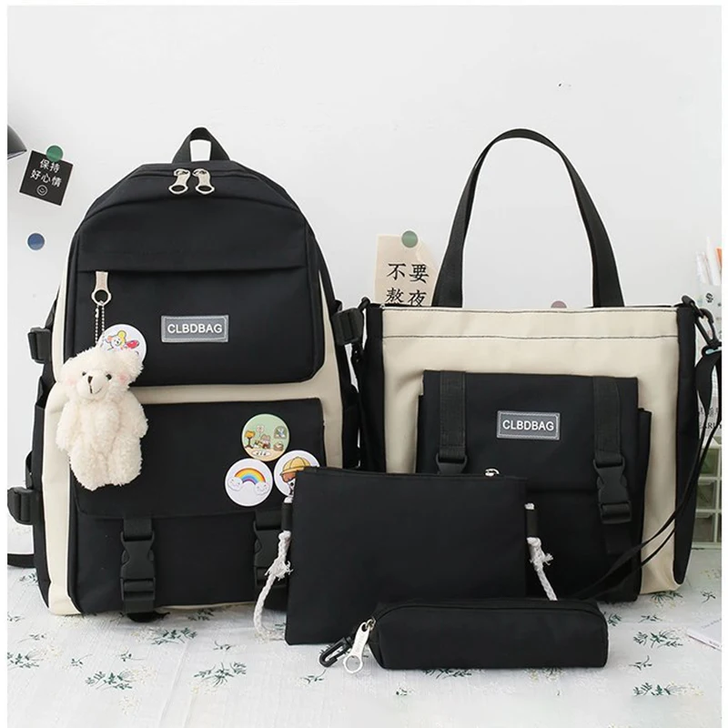 2022 Fall 4Pcs SET Women Laptop Backpack Harajuku Canvas School Bag Teenage Girls Kawaii College Student Kids Book Bag Rucksack
