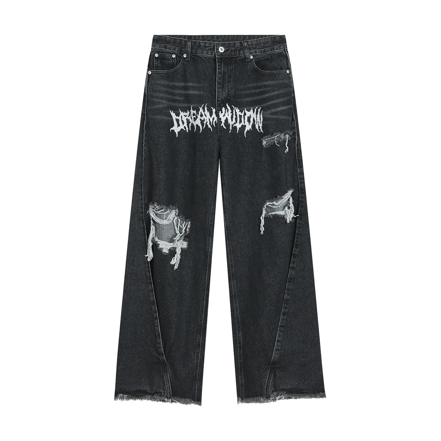 Men Jeans Korean Version Trend Letter Printing Loose Ripped Raw Edge Jeans Hip Hop Design Trousers Street Clothing Ins Hot Sale