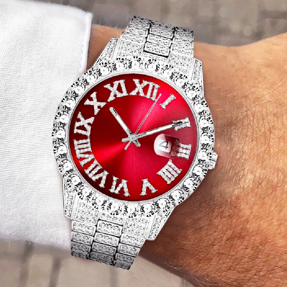 

New Brand Men Watch Luxury Set Full Ice Out Siliver Bracelet Watches Fashion Red Dial Hip Hop Diamont Wristwatch New Arrival