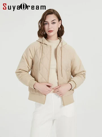Пальто SuyaDream женское с капюшоном, 90% Пух белой утки, стеганая однотонная куртка-пуховик, Осень-зима 2024