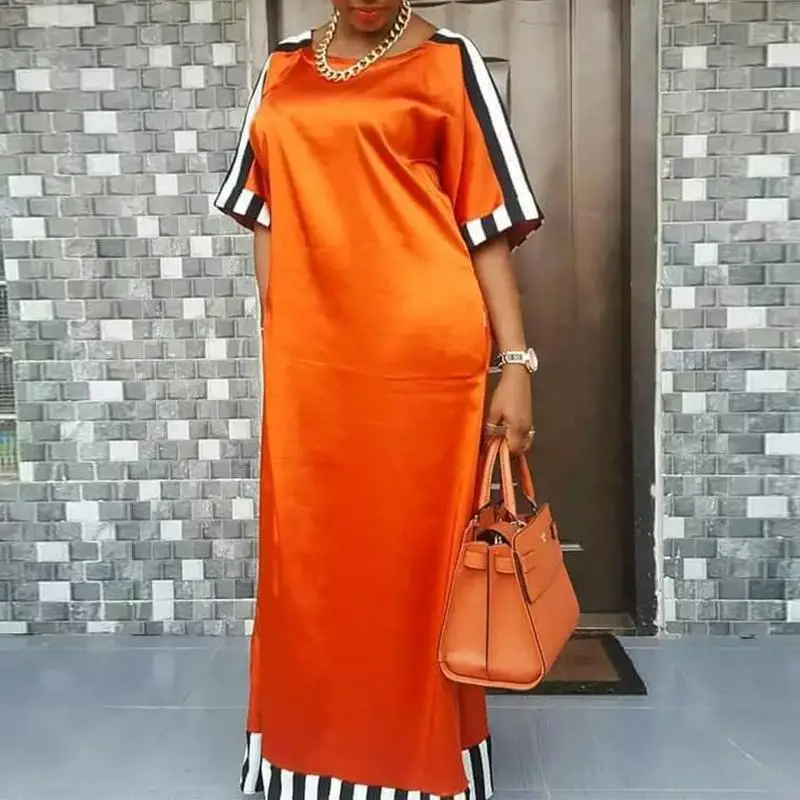 

VONDA 2022 Summer Dress Casual Round Neck Satin Robe Striped Long Robes Women Pleated Baggy Stripe Half Sleeve Vestidos Oversize