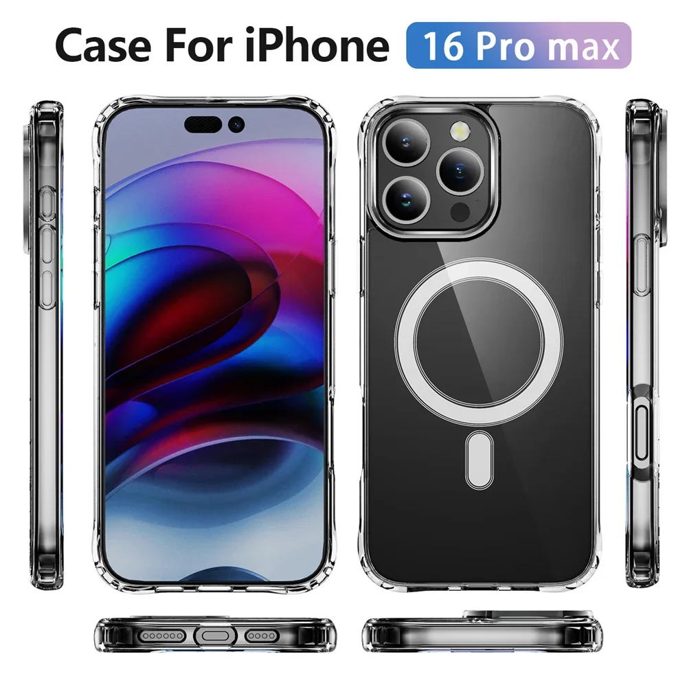 Модный кристально чистый чехол для iPhone 16 15 Pro Max с магнитной беспроводной зарядкой