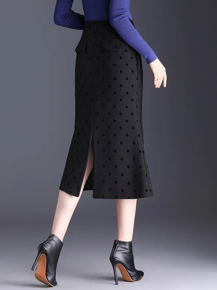 Женская осенне-зимняя черная/кофейная юбка-карандаш в горошек с высокой талией