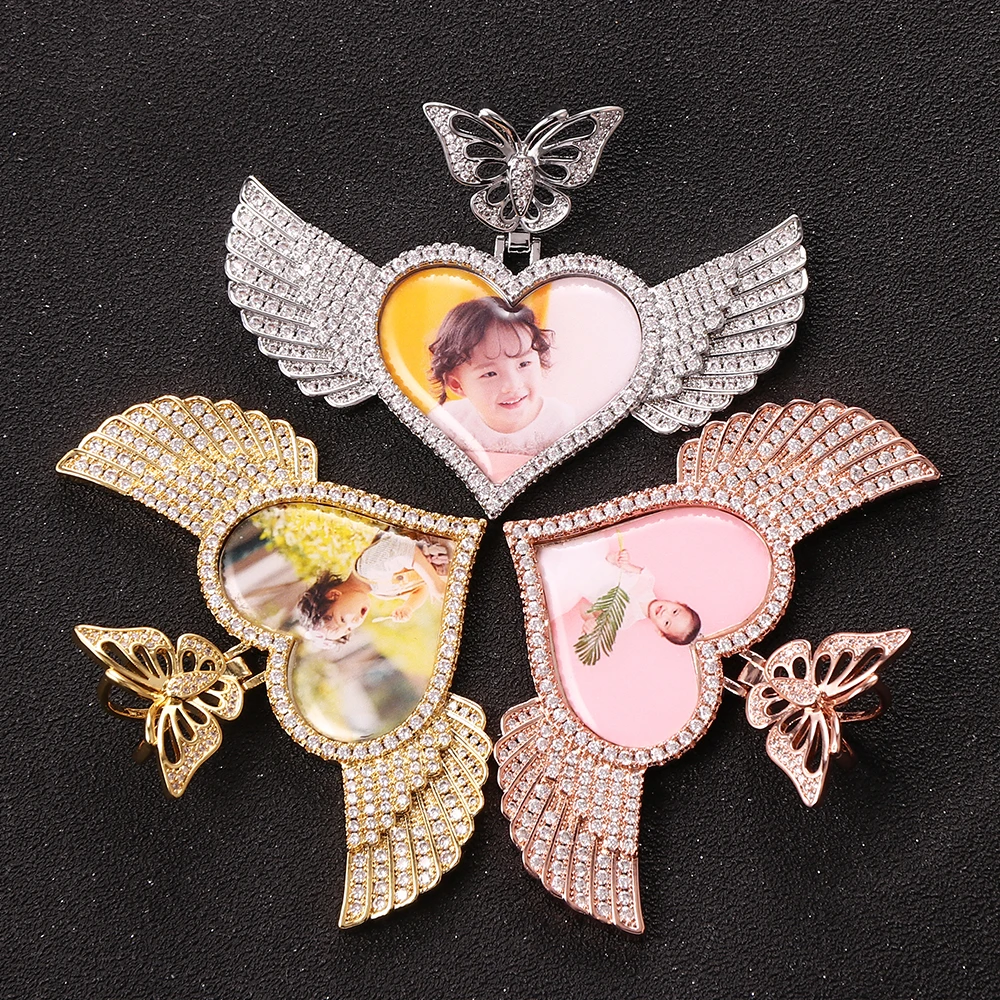 

Европейский и американский ангельские крылья голова бабочки кулон-фоторамка полностью из циркония хип-хоп ожерелье ювелирные изделия