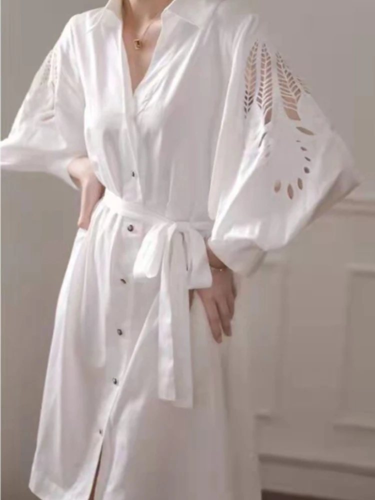 

Women Dresses 2023 Spring/Summer Fashion Polo Solid Long Sleeve Shirt Hollow Out Lace Up White Dress Clothing Loose Streetwear