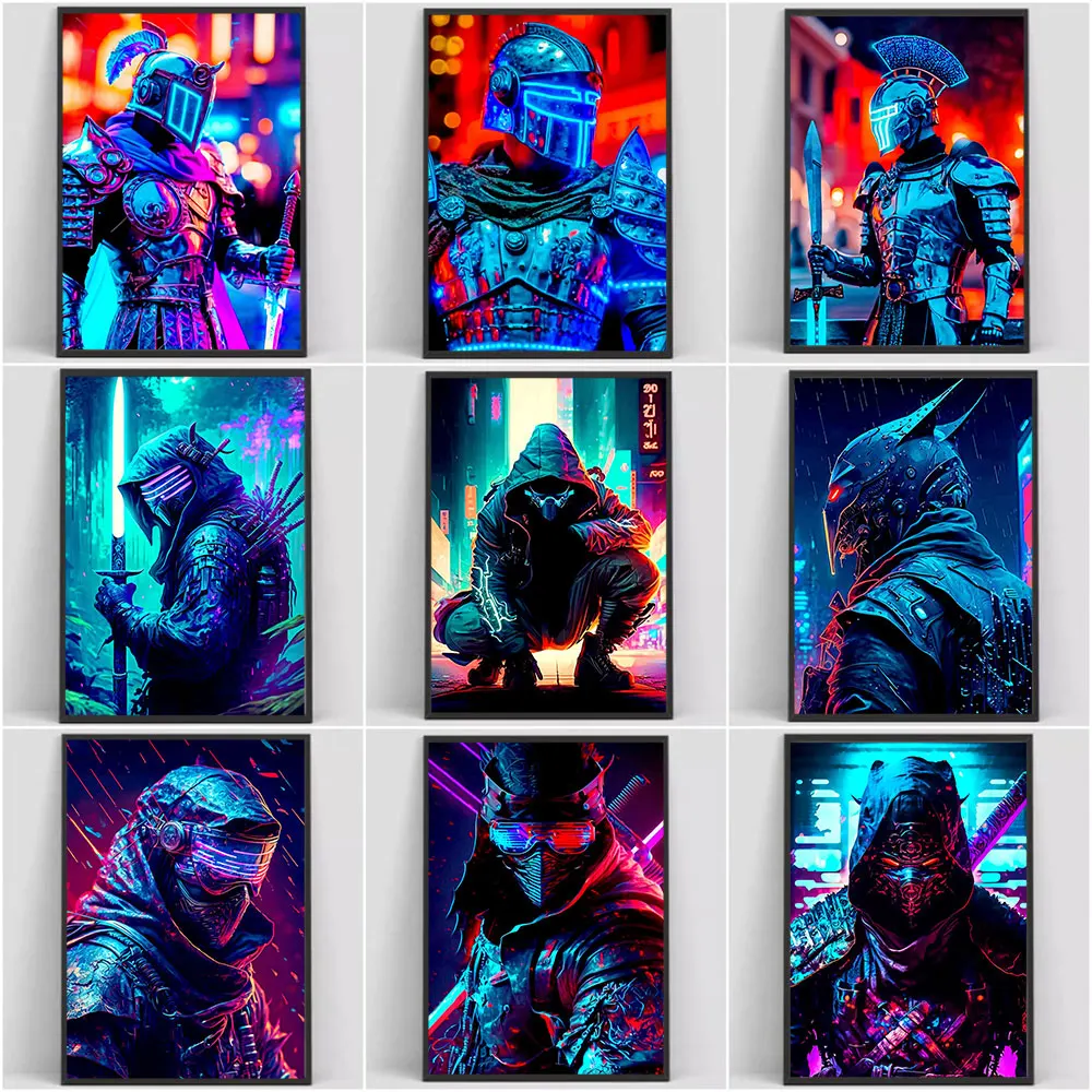 

Punk Neon Knight Posters and Prints Warrior Spirit Canvas Painting Wall Art Pictures for Living Room Office Home Decoration Gift