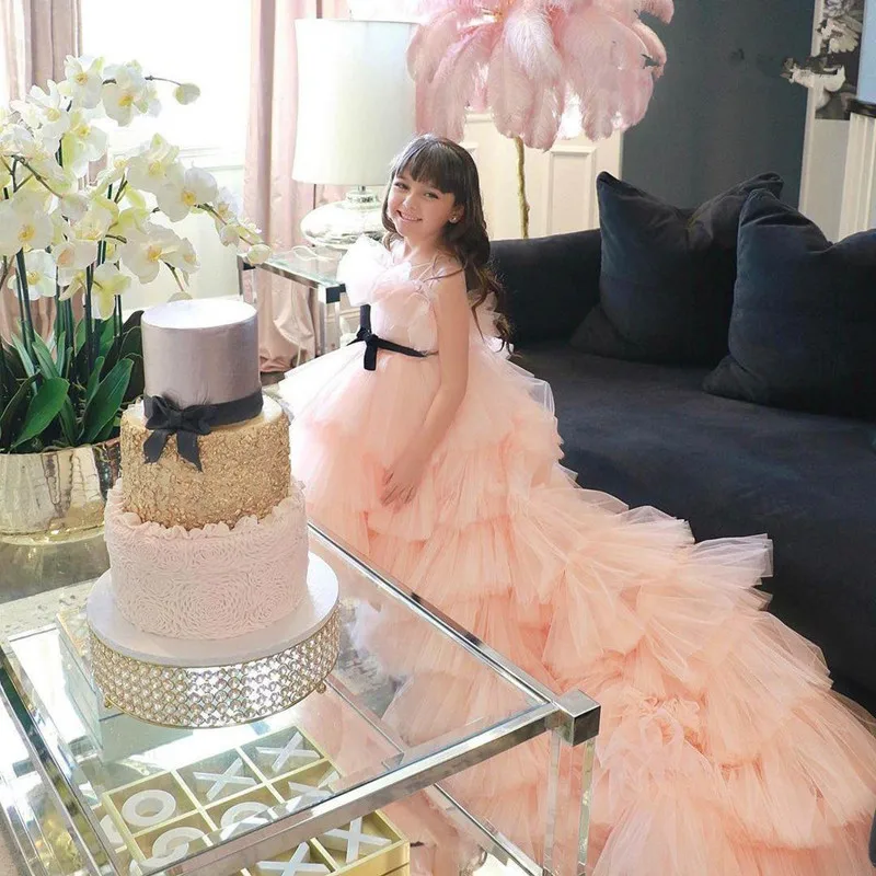 

High Low Tiered Layered Flower Girls Dress Tulle Girls Pageant Gowns Long Blush Pink Ruffles Kids Birthday Vestidos