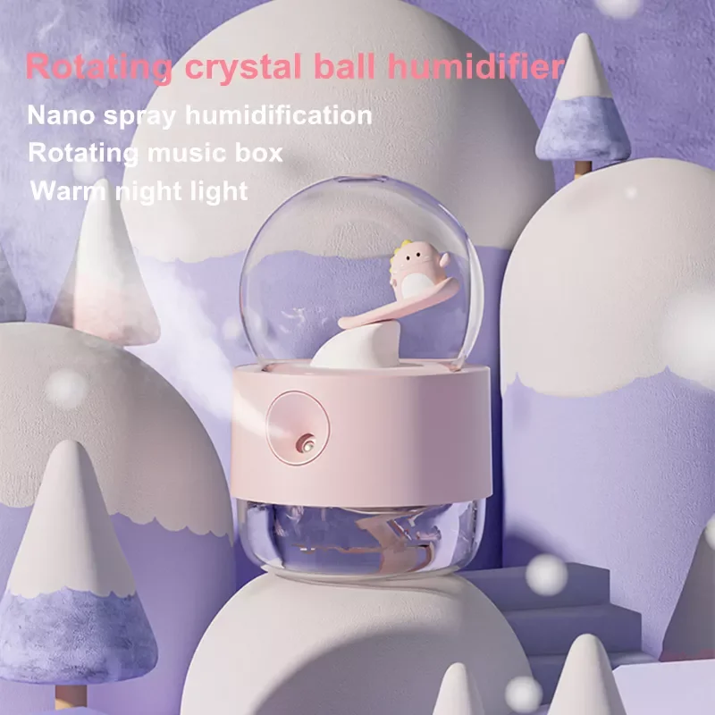 

300ml Wireless Air Humidifier Rechargeable1200mAh Battery Cute Rotating Crystal Ball Home Water Aroma Diffuser Warm Night Light