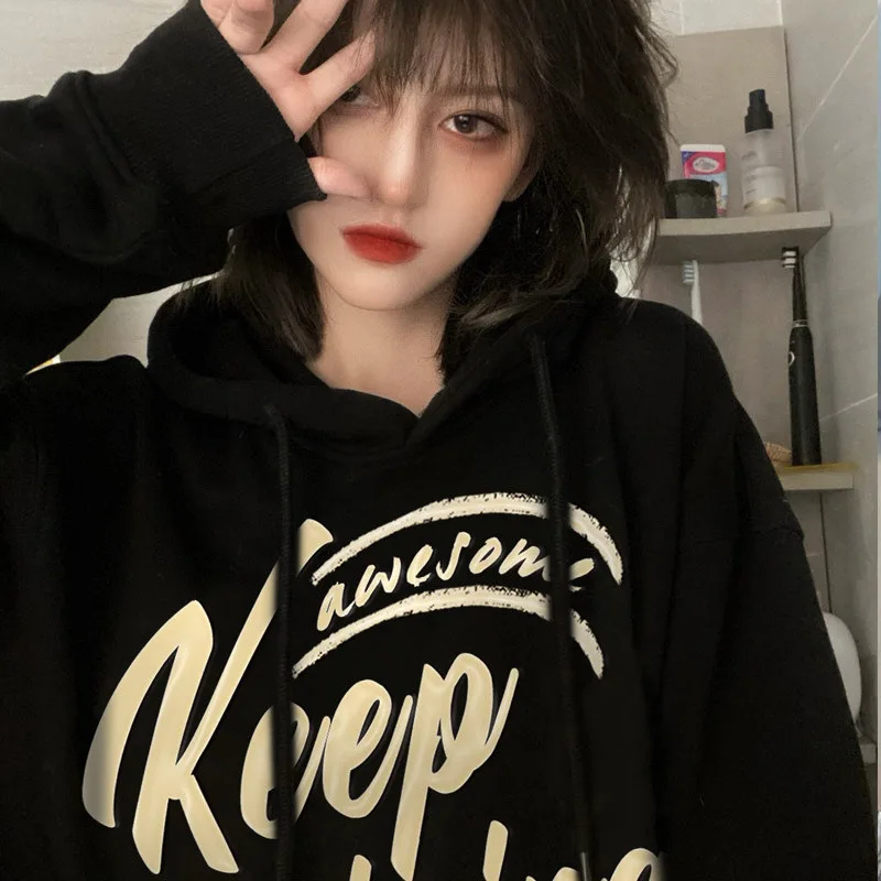 

Women High Street Hiphop Sweashirt 2022 Autumn Winter Lady Long Sleeve Velvet Thick Coat INS Lazy Bf Wind Oversized Pullover Top