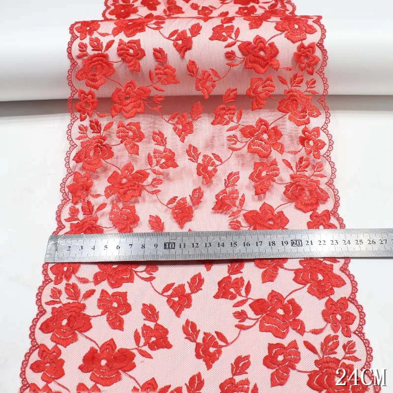 

30 ярдов, красная Цветочная вышитая кружевная ткань, двухсторонний сетчатый бюстгальтер, платье, швейная отделка, Кукольное платье, аксессуа...