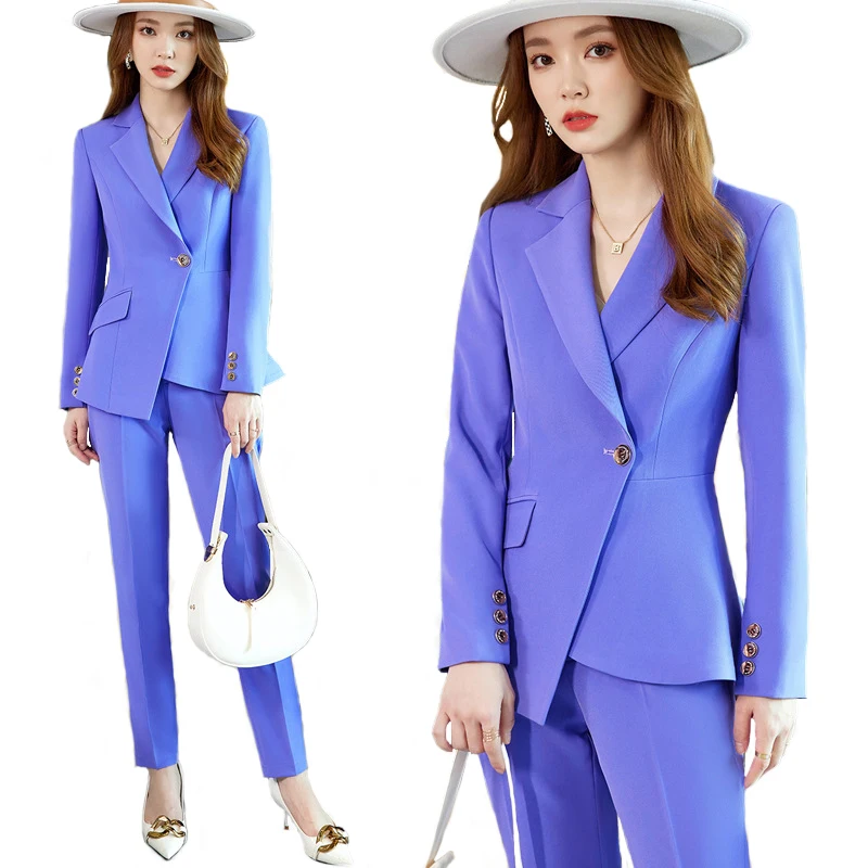 Purple Suits Women High End New Fashion Professional Temperament Formal Slim Blazer And Pants Office Ladies Work Wear Blue