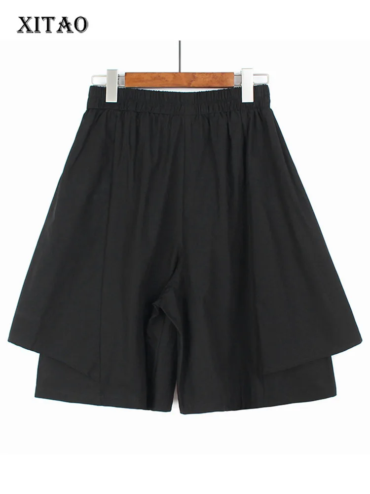 

XITAO Black Women Pants Fashion Women Elastic Waist Pleated Goddess Fan Casual 2022 Summer Pocket Knee Length Pants ZY7117