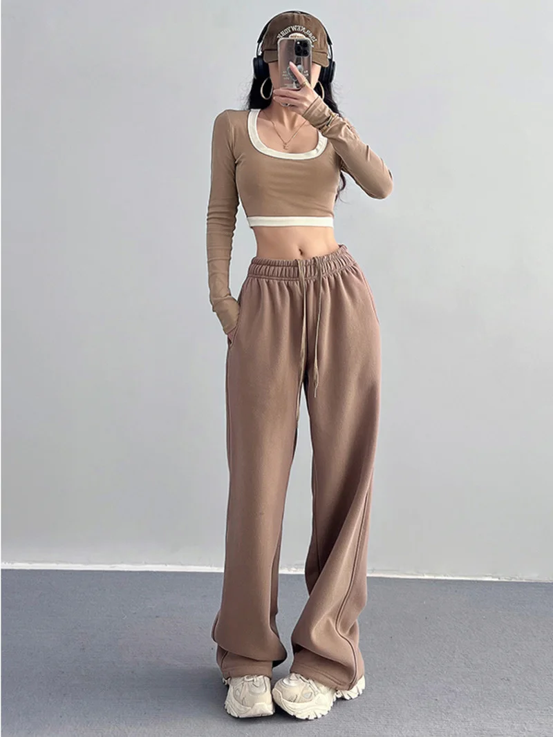 

Winter Sweet Autumn Plush Thickened Sports Trousers For Women Casual Straight Wide Leg Pants Fashion Women M8OV