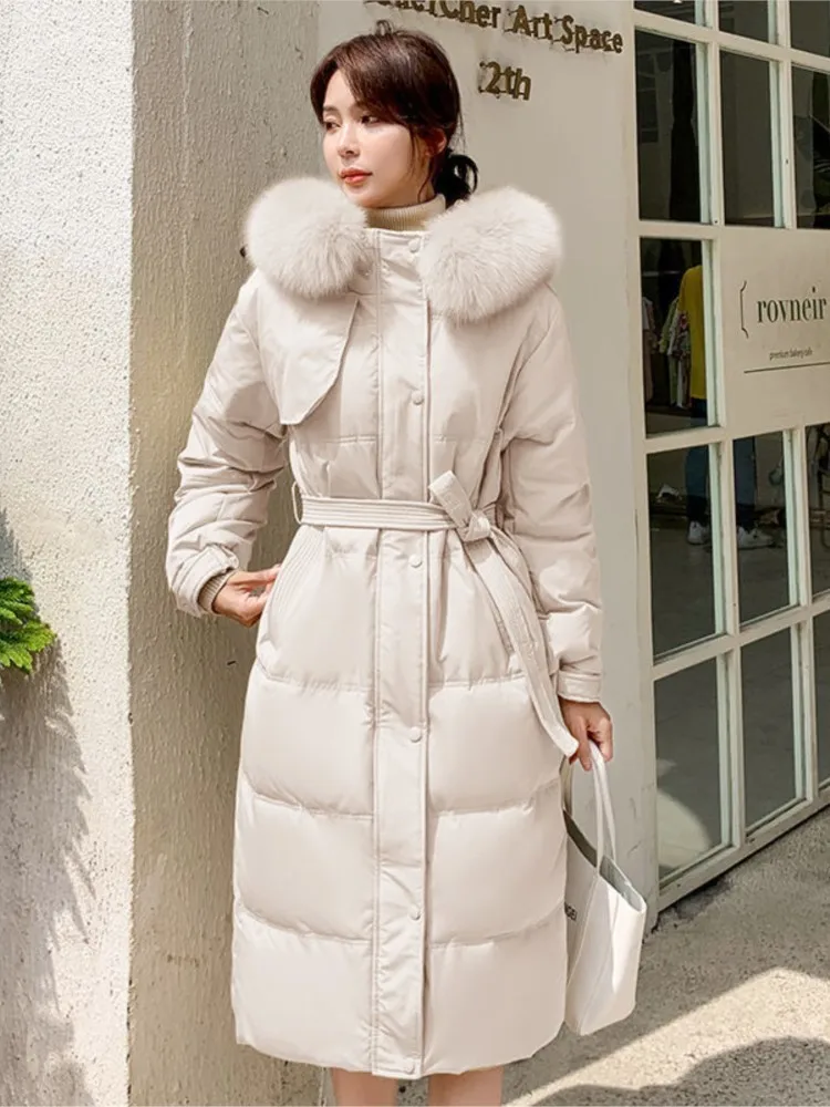 

Белое пальто на утином пуху, теплое Женское пальто средней длины 2022, Корейская версия, новинка, натуральный Лисий большой меховой воротник