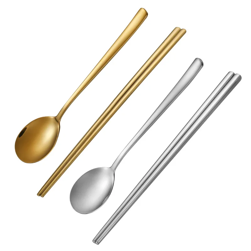 

304 Stainless Steel Long Handle Chopsticks Home Tableware Round Head Spoon Tablespoons Golden Dinnerware New Kitchen Utensils