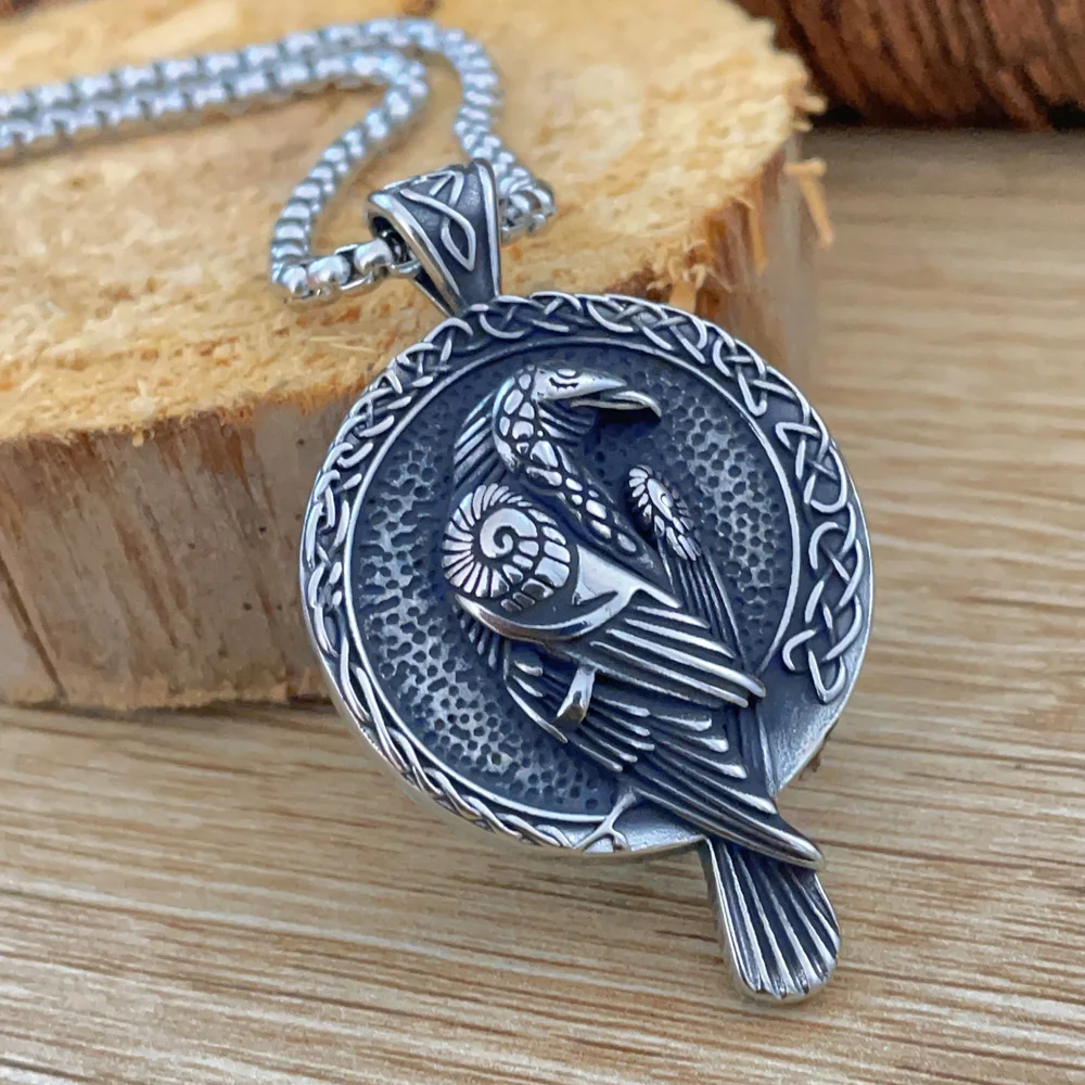 

Nordic Odin Huginn and Muninn Crow Pendant Necklace Stainless Steel Vintage Viking Tree of Life Necklace Men Amulet Jewelry