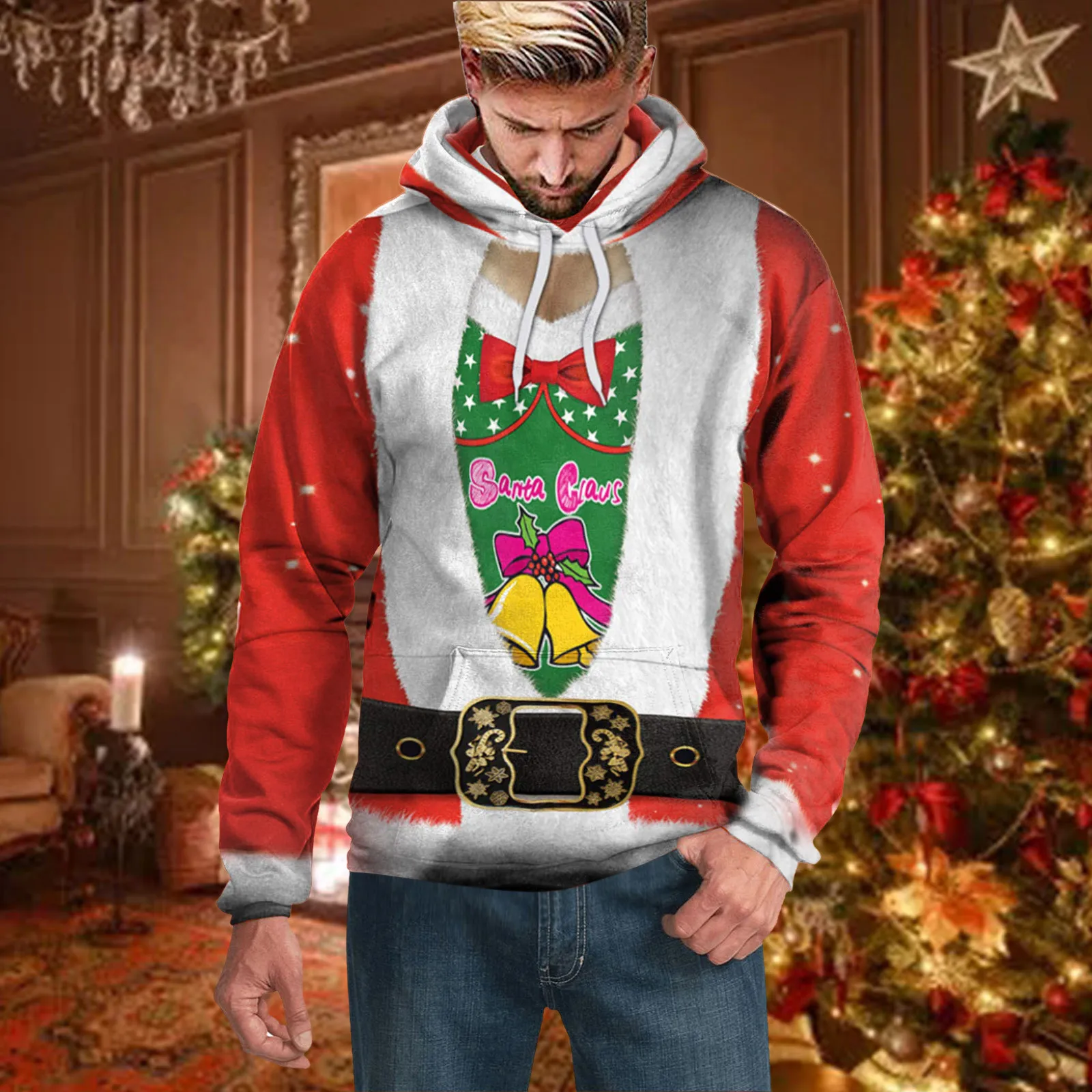 

Мужская осенне-зимняя блузка с круглым вырезом и принтом на Рождество, длинный рукав, интересный, средний, однотонный, черный, флисовый пуло...