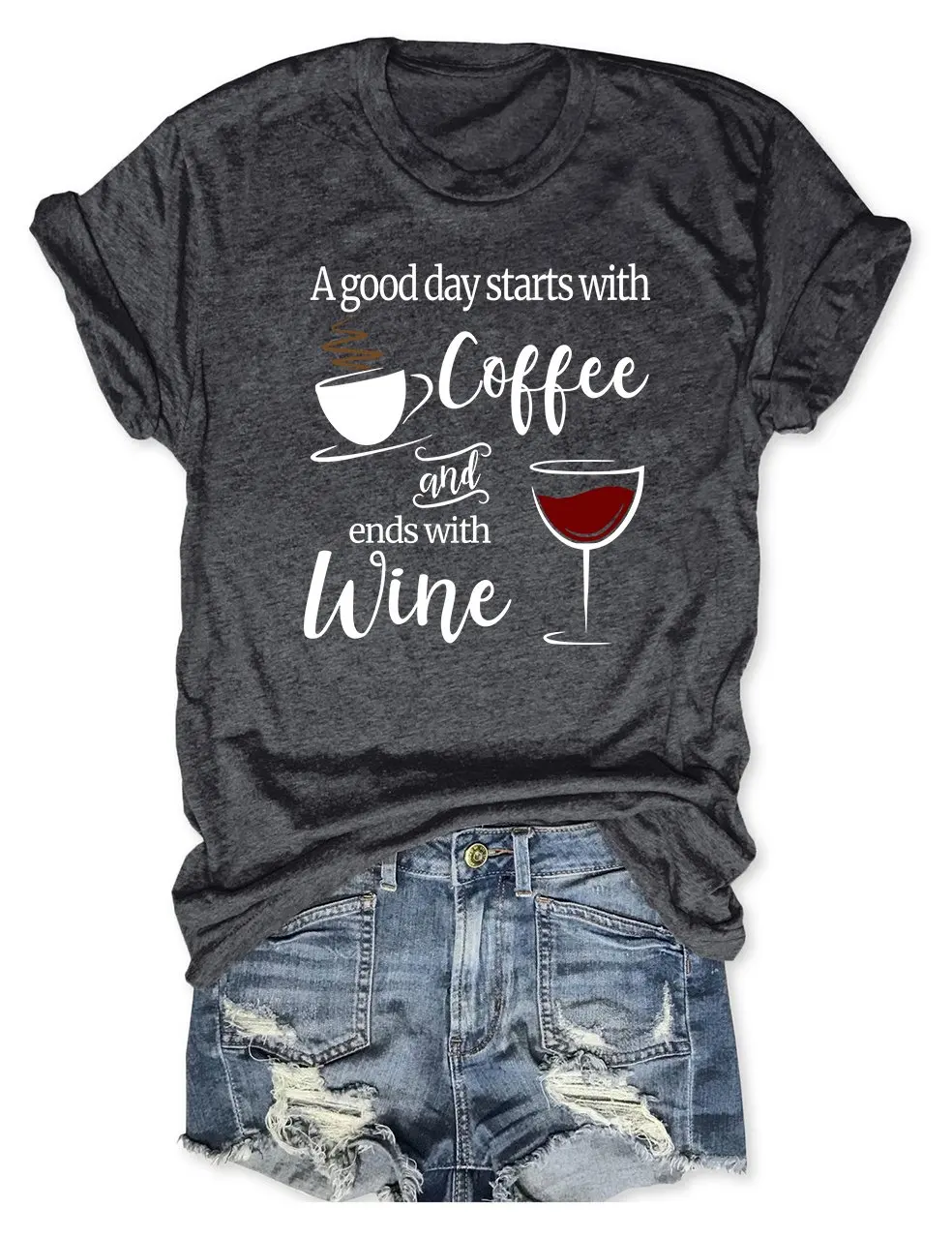 

Rheaclot A Good Day Starts with Coffee And Ends With Wine Women's Cotton T-shirt Ladies Graphic Tee Tops