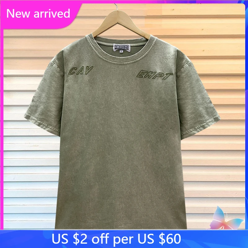 

LIFE CAVEMPT Tshirt Embroidered Washed Old Ce Short Sleeve Basic Solid Color Loose Couple T-Shirts