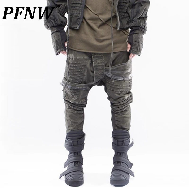 PFNW Autumn Winter Men's Vintage Fashion Patchwork Asymmetrical Pencil Cargo Pants Tide Casual Thicken Pockets Trousers 12A7243