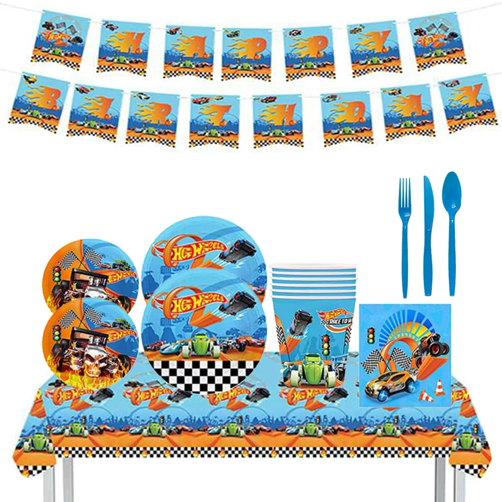 

Hot Wheels Race Car Birthday Supplies Racing Theme Party Decor Checkered BannerTableware Tablecloth Knife Fork Napkins,