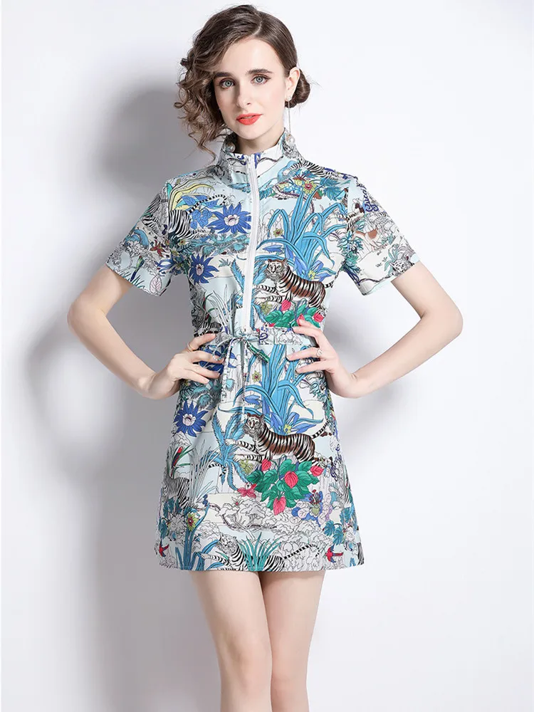 Женское модельное платье с высоким воротником летнее модное принтом тропических