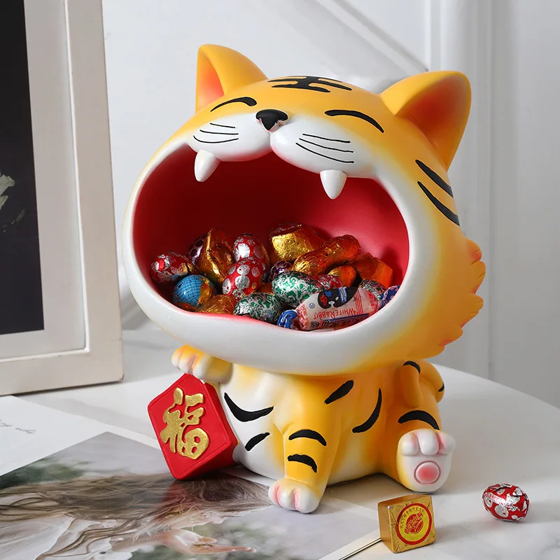 

Figurines Animal Sculpture Decor Ornament Keys Snack Storage Box Resin Lucky Cat Blessing Tiger Home Porch Desktop Decor Gifts