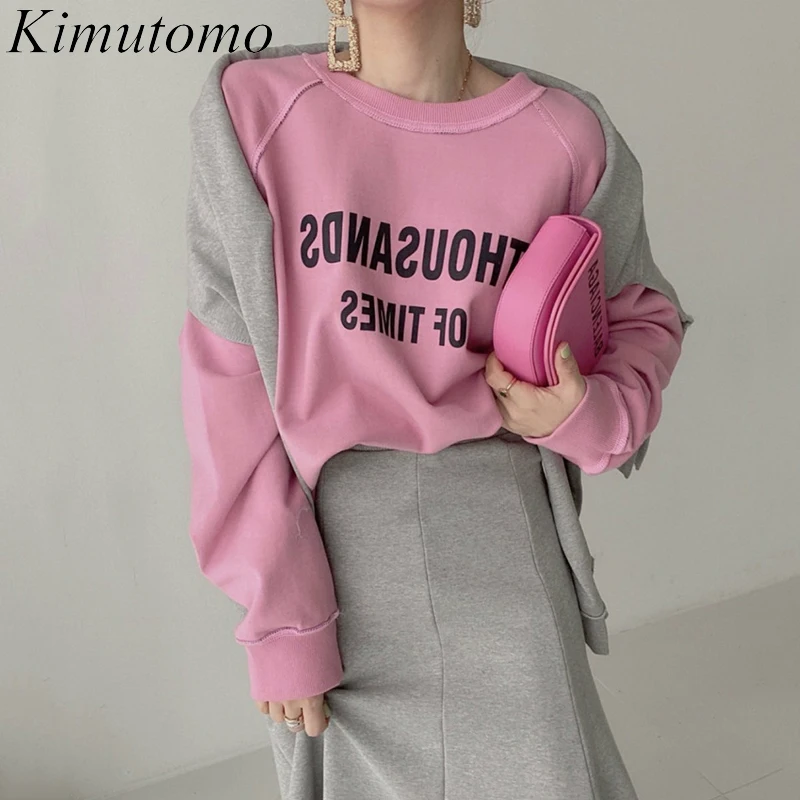 

Женские комплекты Kimutomo 2021, Корейский Осенний простой милый женский костюм с двусторонней толстовкой с надписью и юбкой-годе с высокой талие...