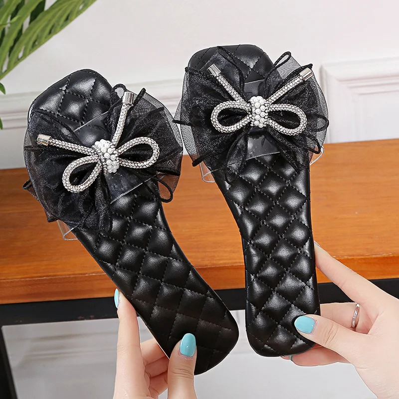 Women's Casual Bow Beach Bling Slippers 2023 Summer New Fashion Flats Shoes Ladies Slingback Flip Flops Slides Zapatos De Mujer