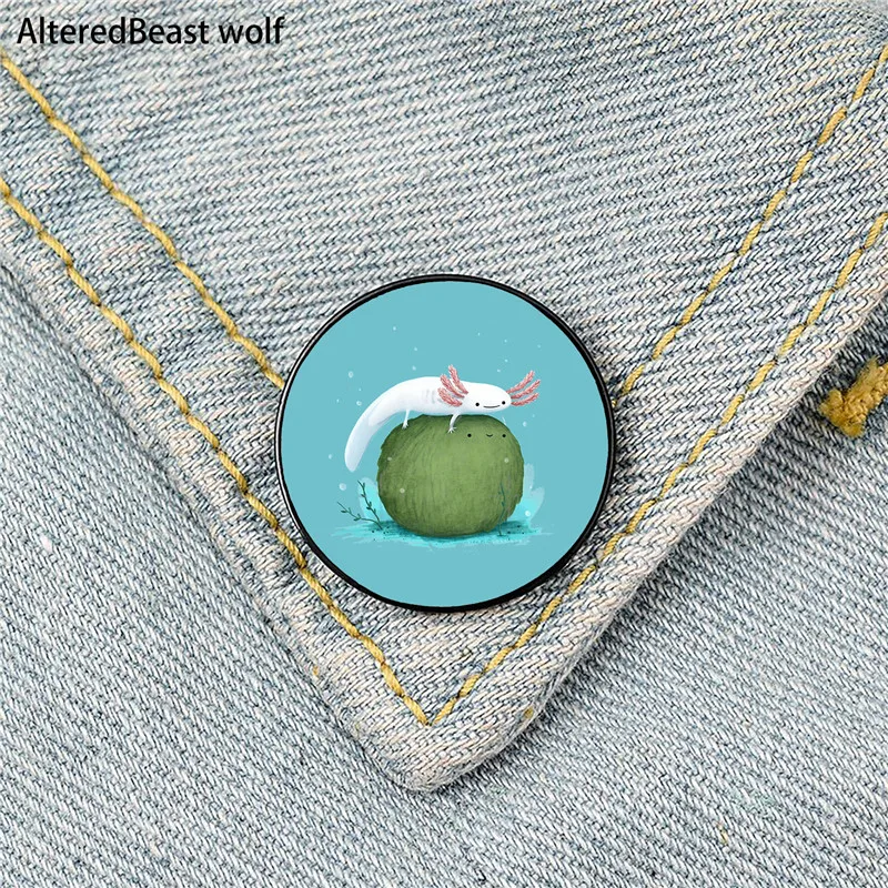 

Axolotl on a Mossball Printed Pin Custom Funny Brooches Shirt Lapel Bag Cute Badge Cartoon Jewelry Gift for Lover Girl Friends
