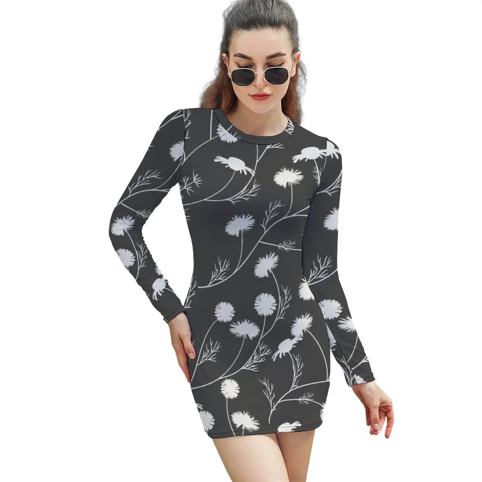 

Sexy Flowers Long-sleeved Sheath Dress Humor Graphic Cocktails Woman's Clothing Dresses Creative