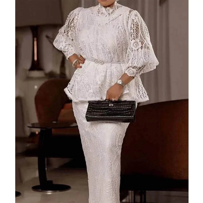 

No Belt Vintage White 2 Piece Outfit Women Lace Long Sleeve Mock Neck Top Blouse and Pencil Skirt Set Formal Cocktail Wedding