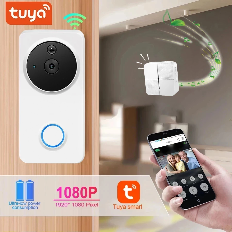 

Беспроводной дверной звонок Tuya 1080P HD с Wi-Fi и голосовым управлением, умный дверной глазок для дома, уличный мини-видеодомофон