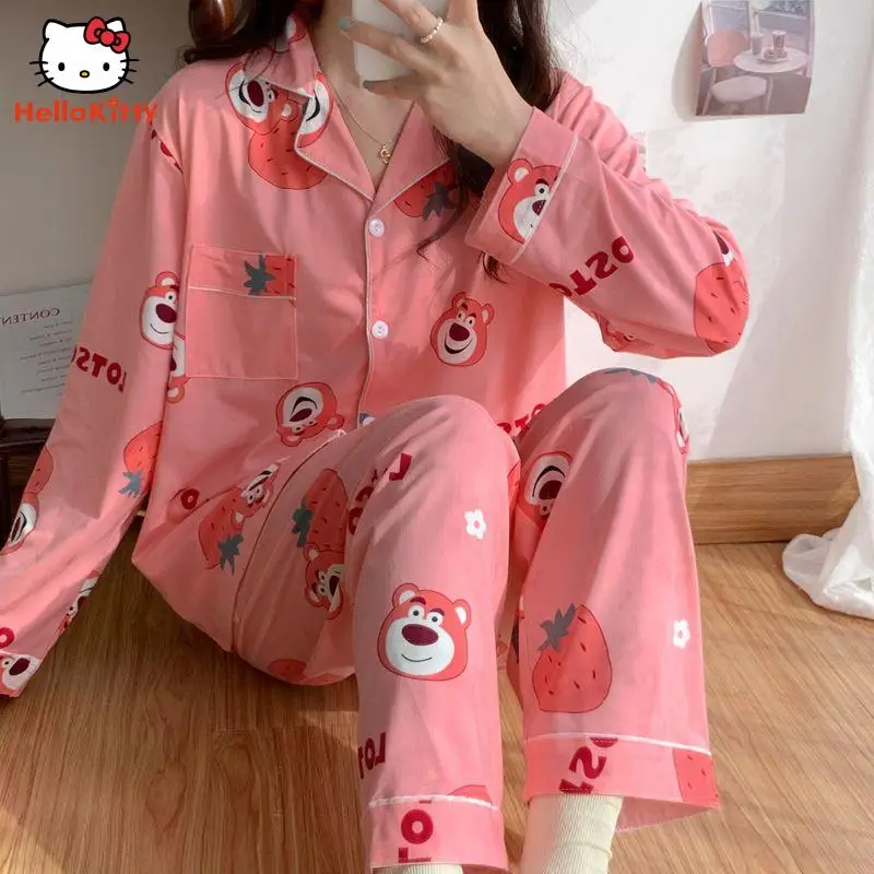 

Новинка, пижама Kawaii Мультфильм лотсо с длинным рукавом, Женский демисезонный кардиган из мультфильма Диснея, милый Повседневный Спортивный костюм, костюм из двух предметов