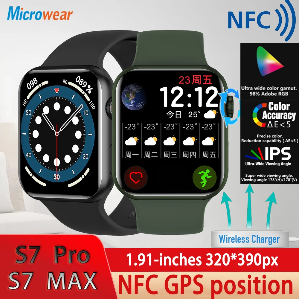 

S7 PRO Original S7 Max Smartwatch BT Call Wireless Charge NFC Wristwatch Women Men Smart Watch PK IWO 14 W27 DT7 IWO8 Series 7