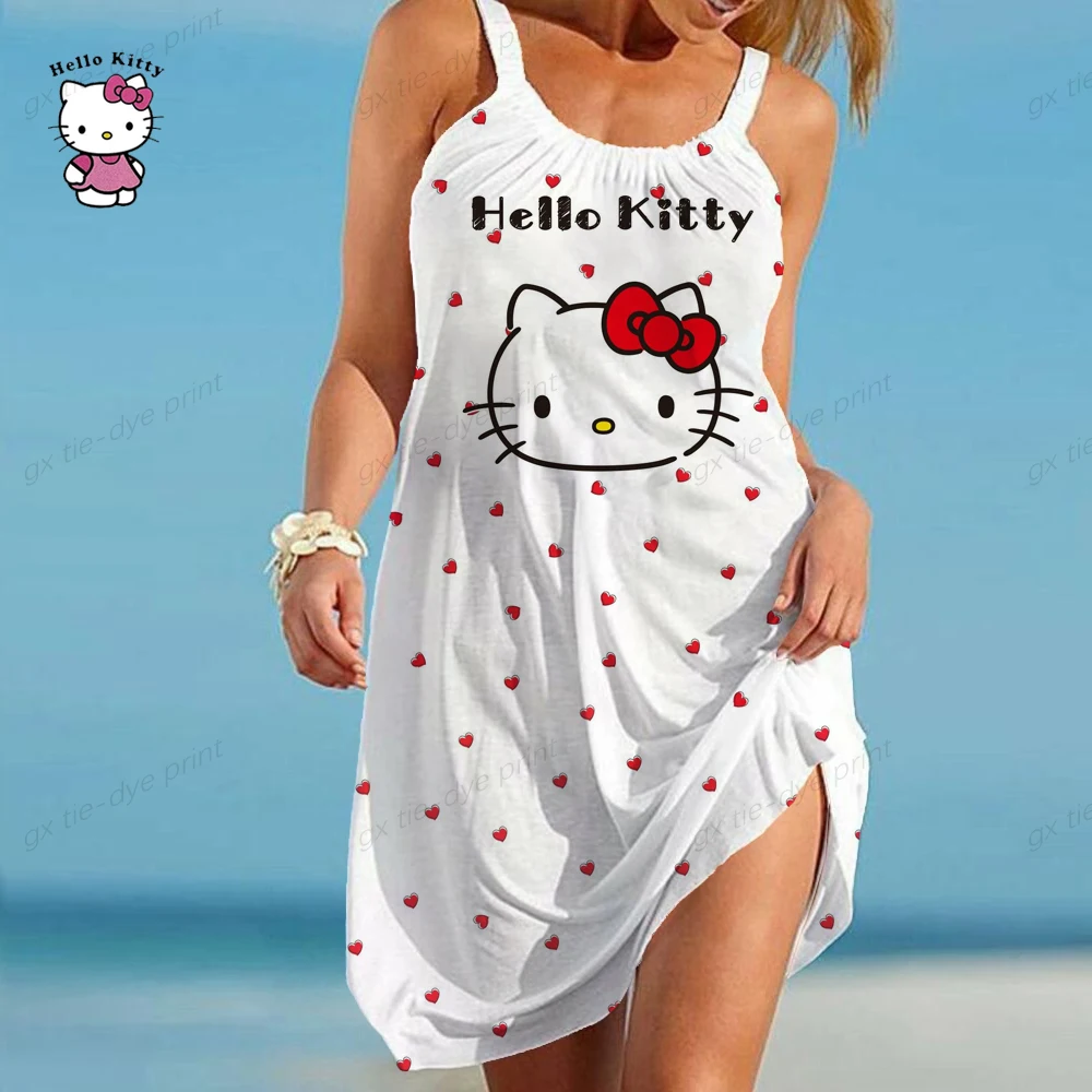Women Sexy Backless Mini Dress Summer Fashion Lady Slash Neck White Hello Kitty Print Big Swing Party Beach Dresses Casual Robe