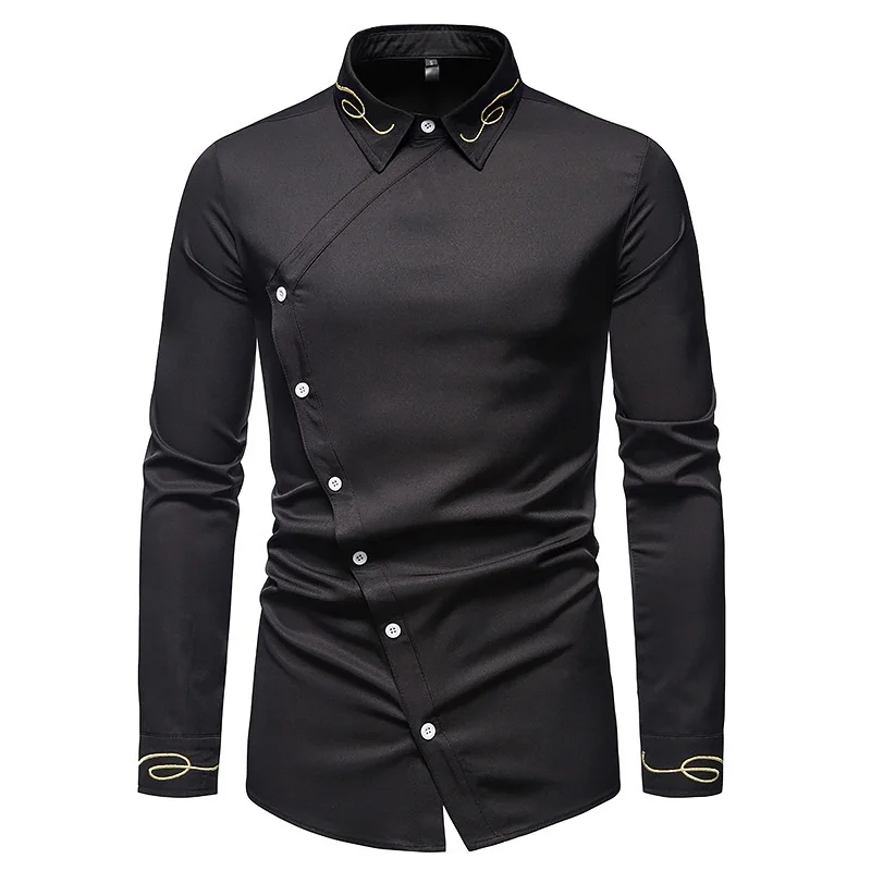 

New Hollow European Size Men's Trend Embroidered Asymmetric Long-sleeved Shirt Western Shirt Slim Fit Social Dress