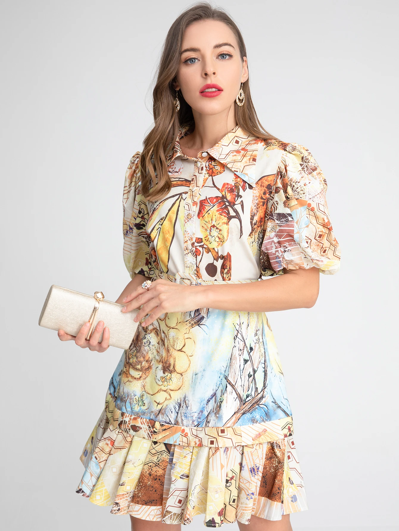 

MoaaYina Fashion Runway Summer Short Dress Women's Turn-down Collar Puff Sleeve Floral print Vintage Party Mini Dress