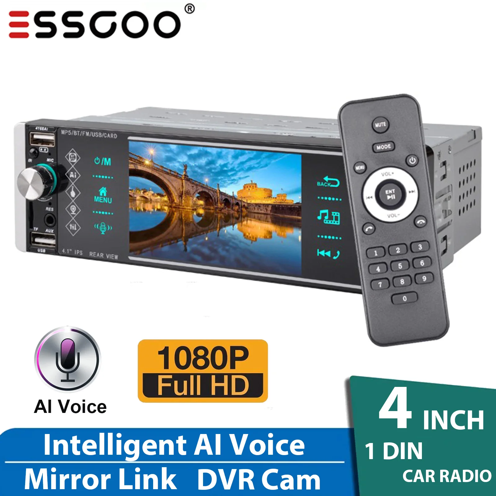 1 Din 4 Inch Hd Intelligent Ai Voice Mp5 Player Hand-free Calling Hi-res Audio Mirror Link Bluetooth Car Stereo