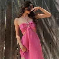 2022 pink dress for women halterneck summer clothes hollow wrap chest sexy cute lace up casual women dresses