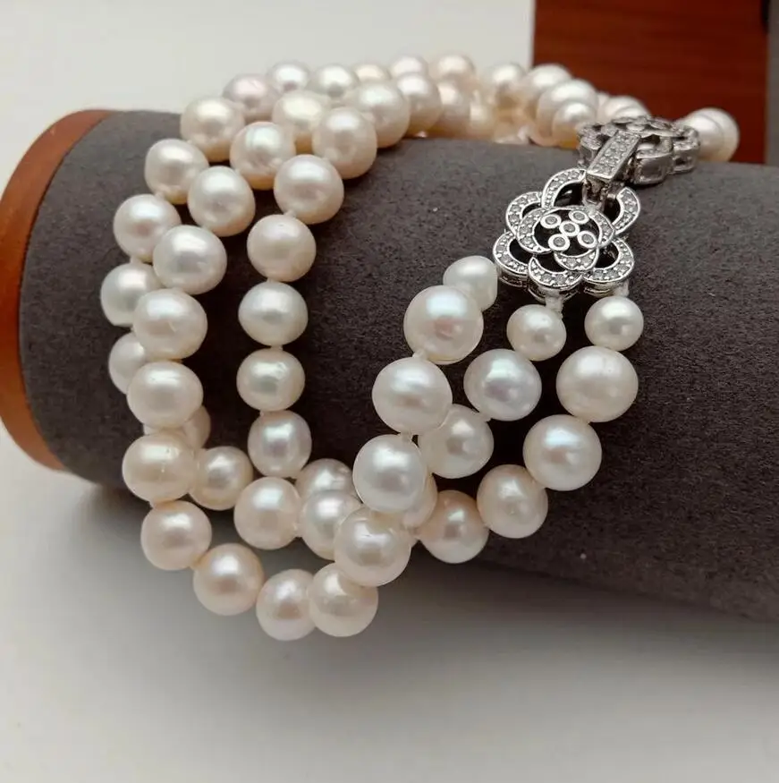 Браслет ручной работы с культивированным белым жемчугом 7-8 мм 3 ряда