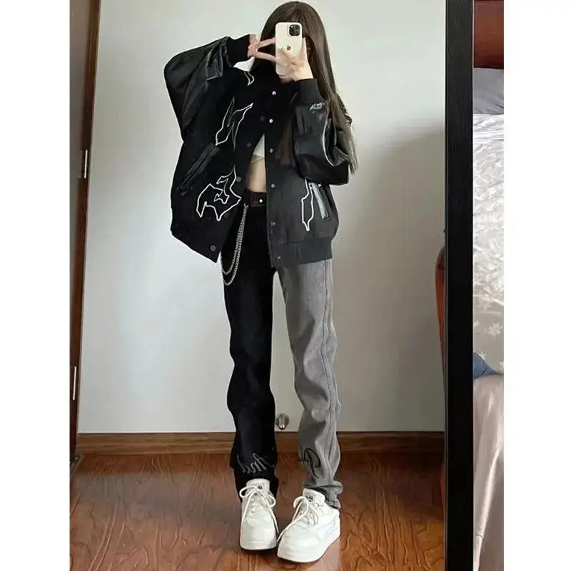 

BTFG 2022 Autumn New Black and Gray Stitching Contrast Straight Jeans Female Embroidery Y2k Slim Waist Mopping Pants Street Ins