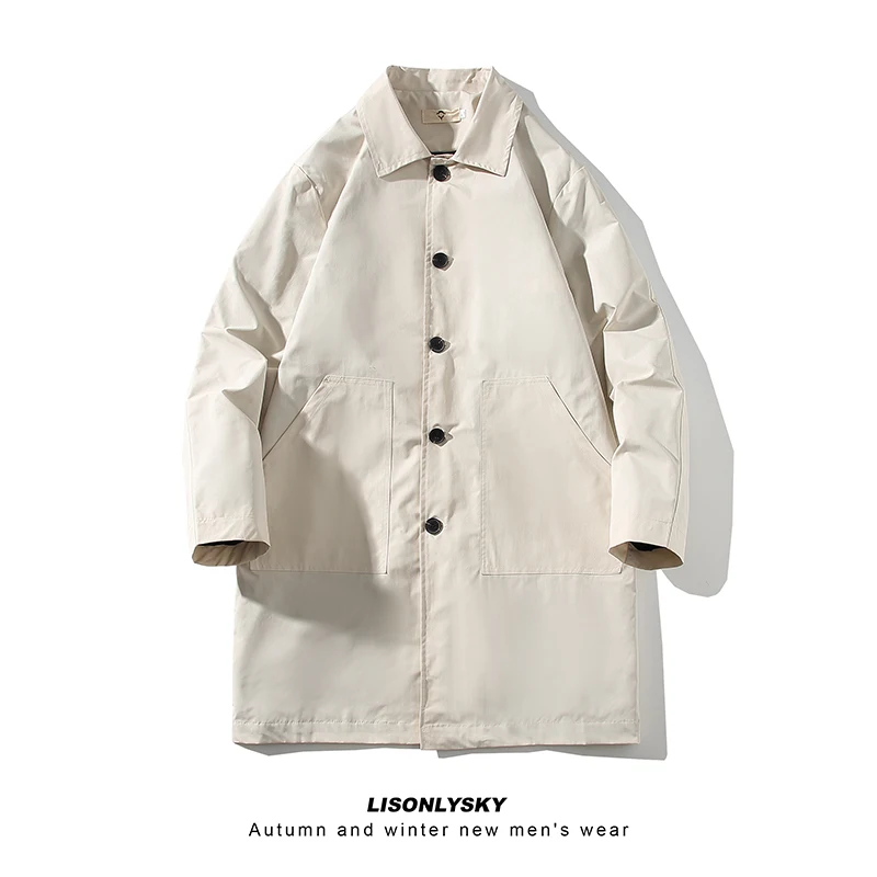

Hybskr Autumn New Cool Coat Suit Collar Men's Youth Mid Length Windbreaker Loose Large Button Solid Color Trench Harajuku Jacket