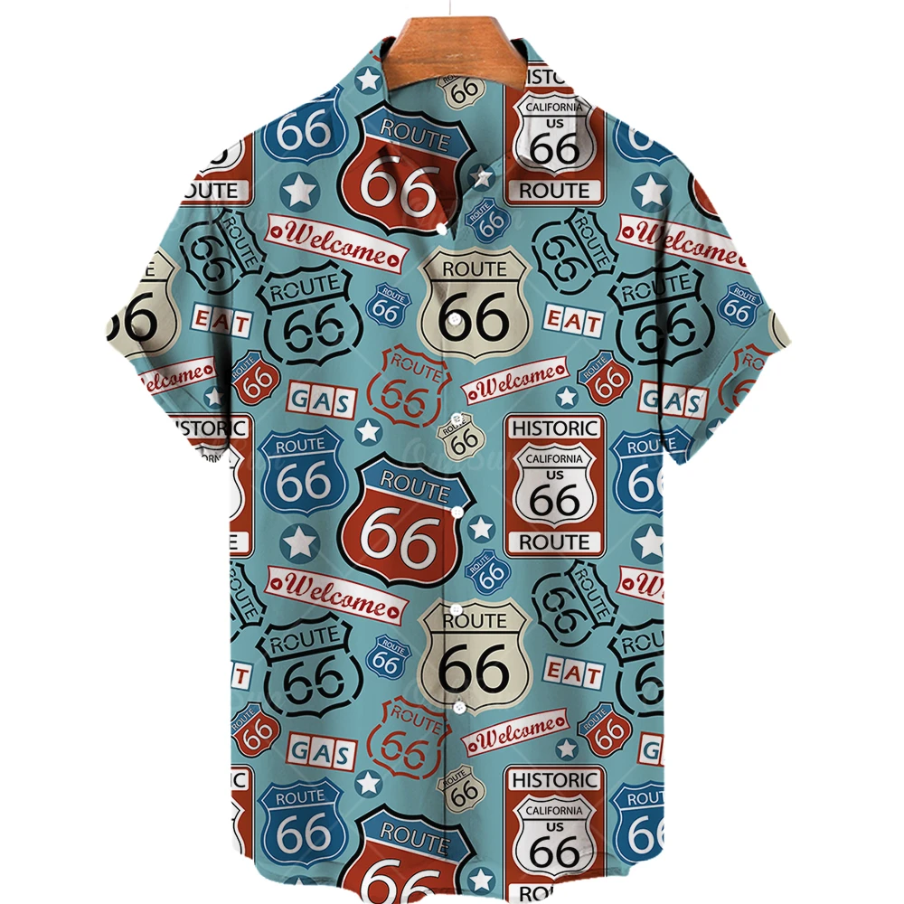 2023 Men's Shirts Hawaiian Shirts Men Route 66 3d Printed Summer Loose Breathable Shirts For Men Retro Short Sleeve Retro Shirt