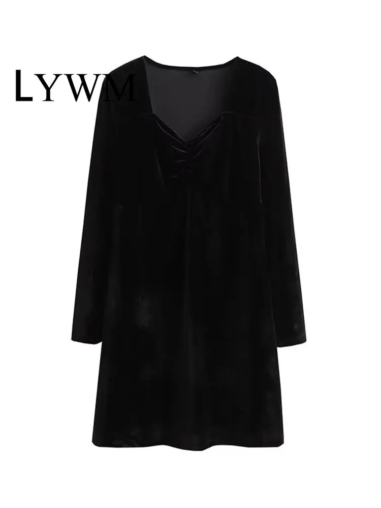 

Модное женское черное бархатное мини-платье LYWM, винтажные женские шикарные платья с V-образным вырезом и длинными рукавами