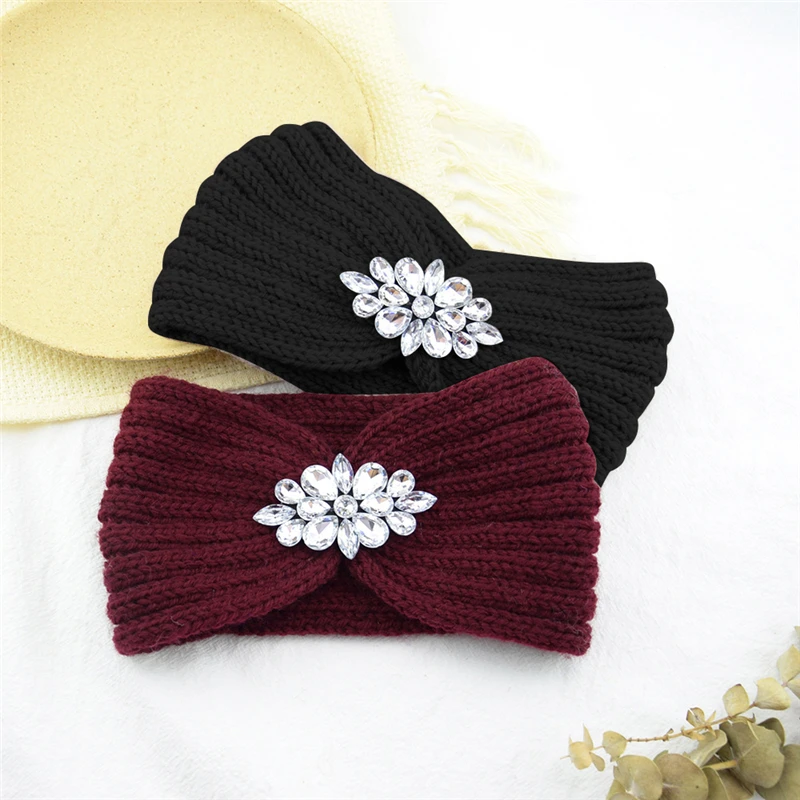 

Winter Wide Knitted Headband Women Clear Crystal Flower Twist Crochet Hair Band Head Wrap Rhinestone Ear Warmer Accessories 2023
