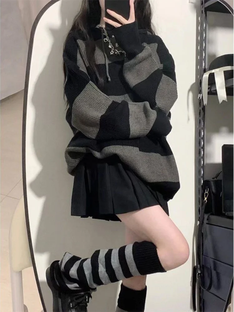 

Vintage Striped Hooded Sweaters Women Harajuku Gothic Knitted Jumper Retro Loose Casual Oversized Pullover Tops Grunge