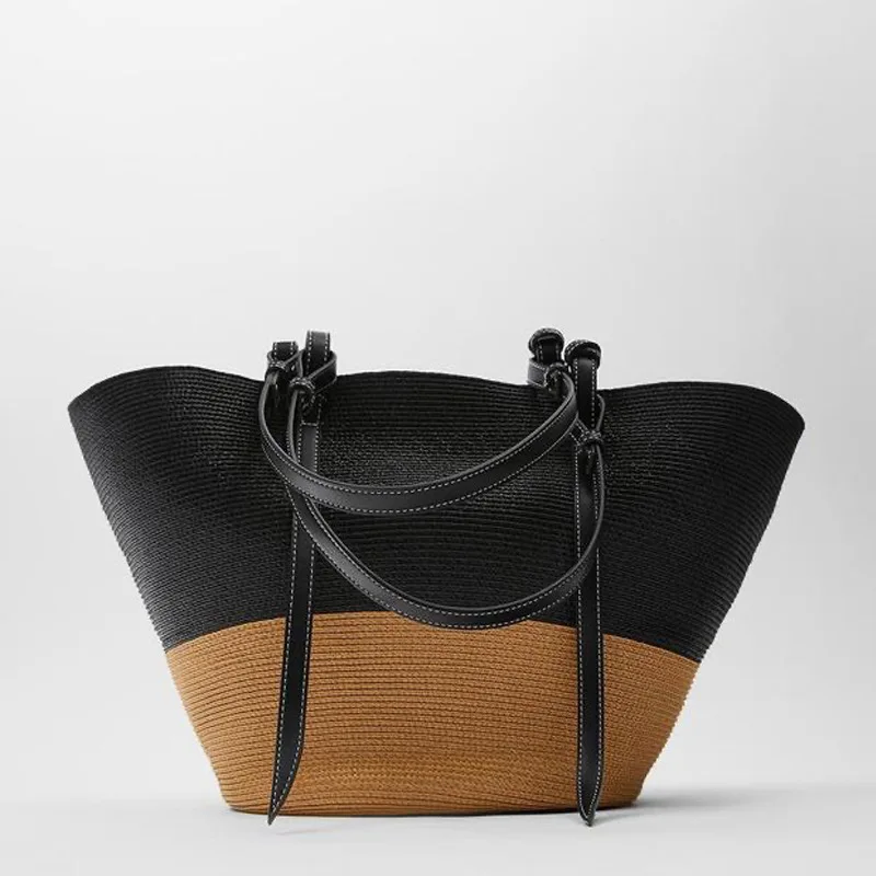

New Fashion Straw Bag Contrasting Color Basket Bag Large Hand Woven Bag Totes Women's Panelled Seaside Holiday Shoulder Bag