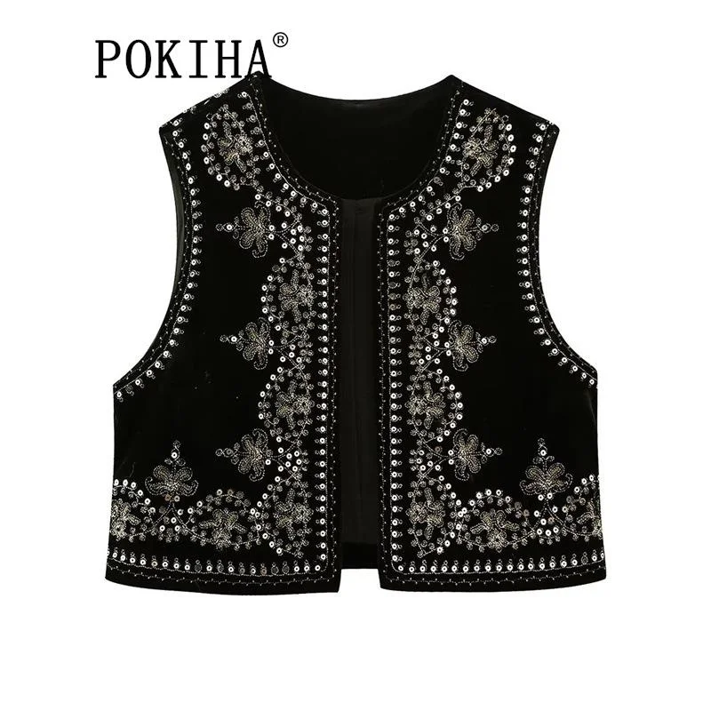 

Women New Vintage O Neck Sequins Flower Embroidery Short Vest Jacket Ladies Sleeveless Casual Chic Velvet WaistCoat Tops