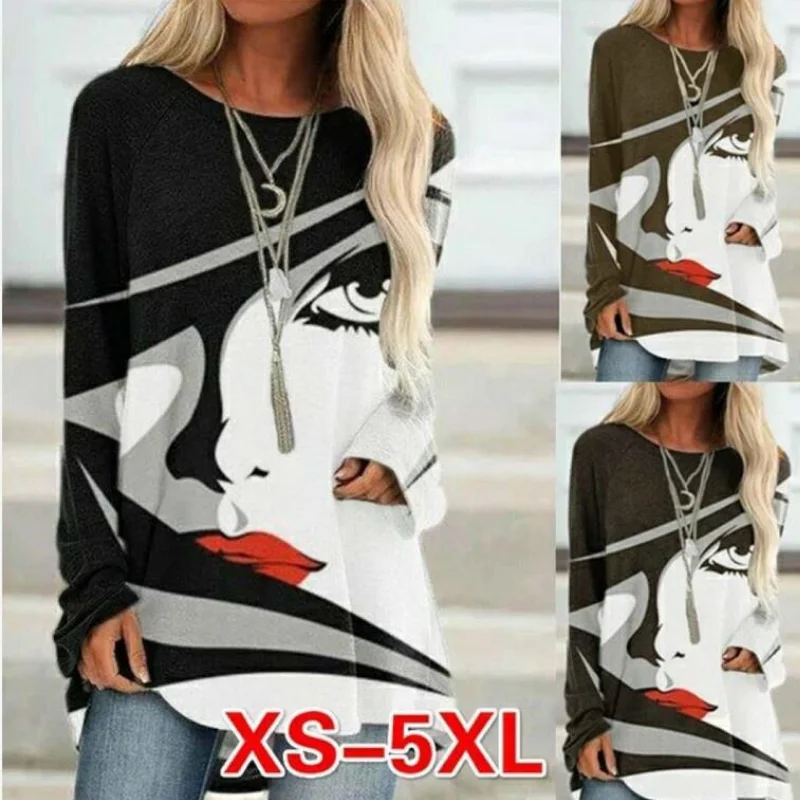 White-Black Abstract Vintage Shirts & Tops Women Loose Crew Neck Casual Shirts & Tops Long Sleeve Irregular T-shirt Print Blouse